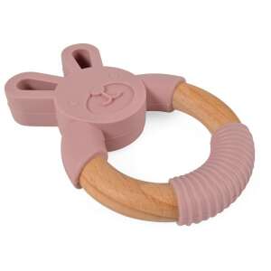 MAGNI Silikon-Beißring mit Holzring und Hasendesign in Pastellrosa - Magni