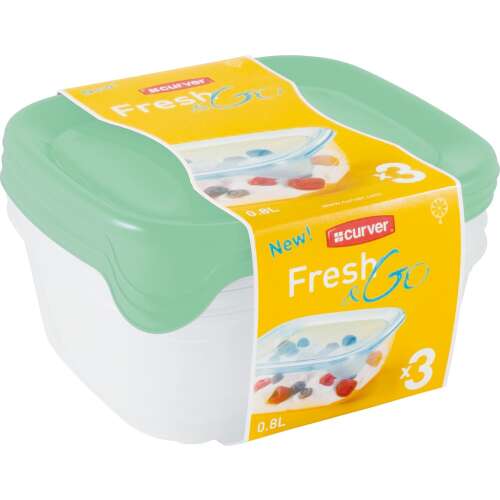CURVER Fresh & Go 3x0.8L Štvorcová súprava nádob na potraviny - Priehľadná/Zelená