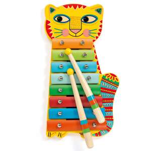 Djeco Animambo Cat Metalophone, a colorful wooden musical instrument for kids, featuring a cat design, 8 metal bars, and two wooden mallets - Toy Instrument