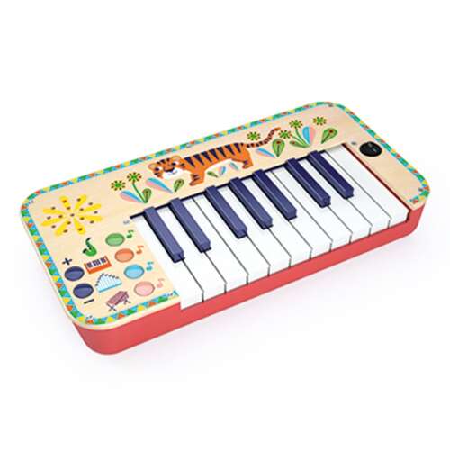 Djeco wooden toy synthesizer with tiger design, 4 instrument sounds, volume control, and on/off switch