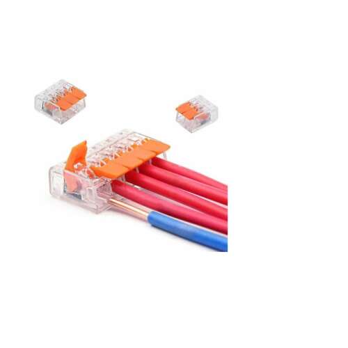 WAGO 5 vezetékes csatlakozó, átlátszó ház, narancssárga kar, vezetékek összekapcsolásához