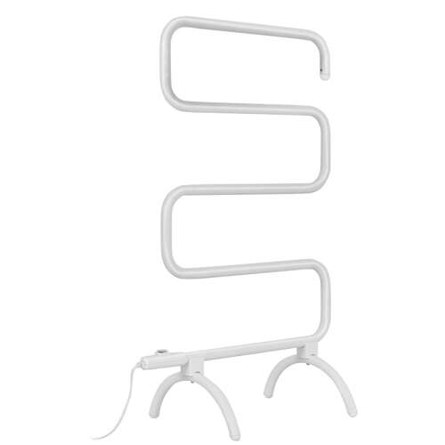 Timeless Tools S-shaped electric towel warmer, white, freestanding, with a base and a cord