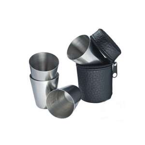 Set of 4 stainless steel shot glasses with leather carrying case - Shot Glass
