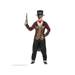 Steampunkowy kostium męski, rozmiar L, brązowa kurtka, czarne spodnie, cylinder, maska, rękawiczki, pistolet, laska - Opatrunek dodatkowy