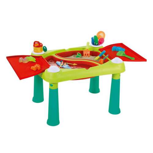 Keter Creative Fun Table, masă de nisip și apă din plastic verde și roșu pentru copii, cu două compartimente, capace și accesorii