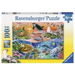 Puzzle Ravensburger Život oceánu 100 dielikov s oceánskou scénou s orkou, delfínmi, morskou korytnačkou a tuleňmi - Ravensburger Puzzle