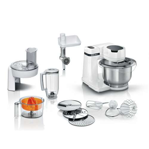 Bosch MUM2EW40 kitchen machine with all accessories, including blender, food processor, meat grinder, and citrus press