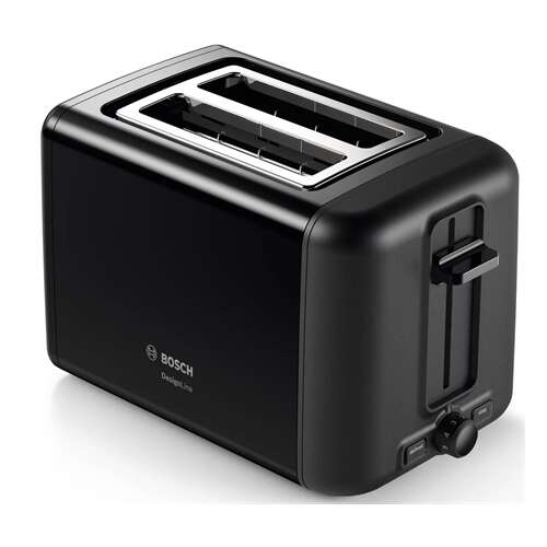 Angled view of the Bosch DesignLine black toaster.