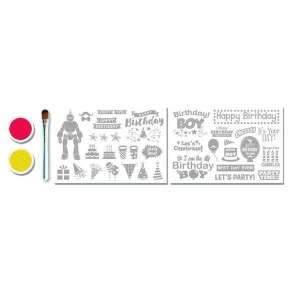 Glitza Party Birthday Boy stencil kit contents: two pots of paint, a brush, and two sheets of stencils - Tattoo