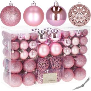 Springos 100-piece pink Christmas tree ornaments set, 3/4/6 cm, glitter, matte, and pearl finish - Springos