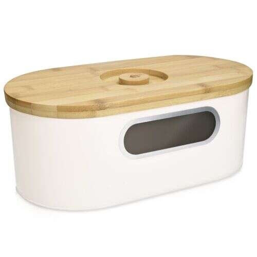 White bread box with bamboo lid and window, Navaris