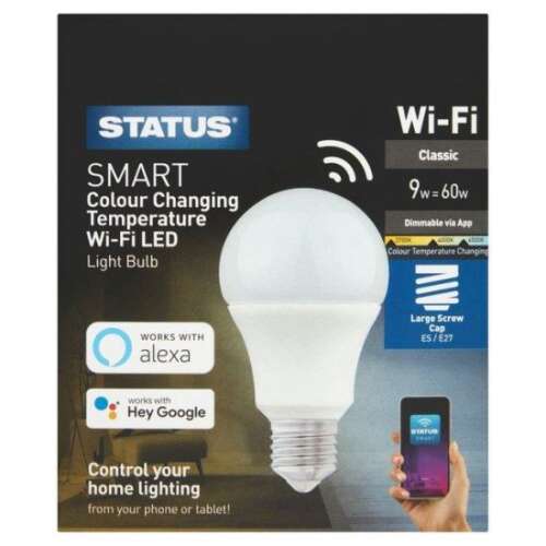 Status Smart Wi-Fi LED izzó, állítható fényhőmérséklet, E27, 9W, kompatibilis az Alexával és a Google Asszisztenssel