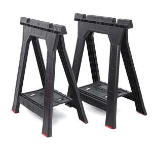 QBRICK SYSTEM DUO - Kunststoff-Sägebock, 2er-Set, schwarz, hochbelastbar, klappbar, höhenverstellbar, mit Werkzeugablage - Werkzeug für Maurer und Fliesenleger