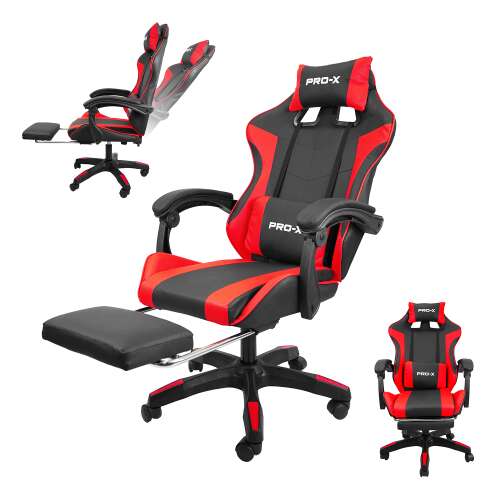 PRO-X öko bőr dönthető Gamer szék lábtartóval és derékpárnával #fekete-piros