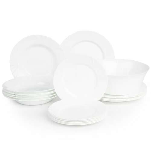Luminarc Cadix 19 piece white dinnerware set, includes dinner plates, soup bowls, dessert plates and serving bowl