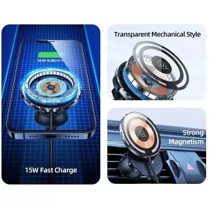 USAMS 15W Magnetisches kabelloses Autoladegerät mit Telefon, transparentes Design - Becherhalter für Autos