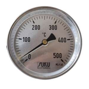 SUKU Bimetál hőmérő 100/0+500°C/100mm, 100mm átmérőjű számlappal, 0-500°C mérési tartománnyal, 100mm benyúlási hosszúsággal, 1/2" menettel, sárgaréz védőcsővel - Háztartási kellék