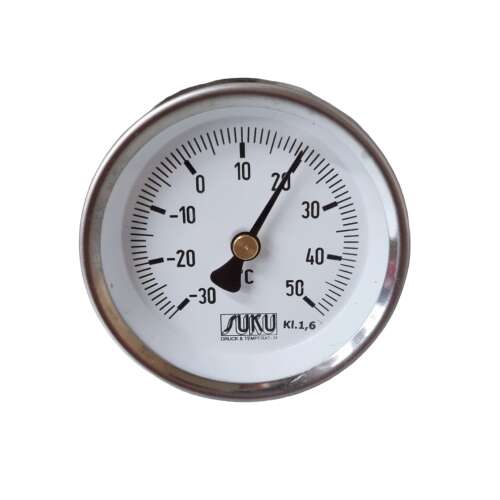 Termometr bimetaliczny, od -30 do +50 stopni Celsjusza, średnica 63 mm, gwint 1/2 cala, osłona ochronna z mosiądzu