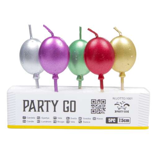 Party Go 5 db 7,5 cm-es lufi gyertya, ezüst, lila, zöld, piros, arany
