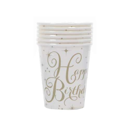 6 sztuk jednorazowych papierowych kubków Happy Birthday, 2 dl, złoty wzór