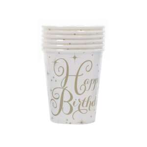 6 pahare de hârtie Happy Birthday, 2 dl, design auriu - Fate de masa de petrecere