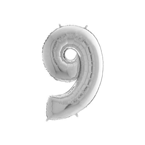 Ezüst 9-es számú fólia lufi, 65 cm, héliumos lufi