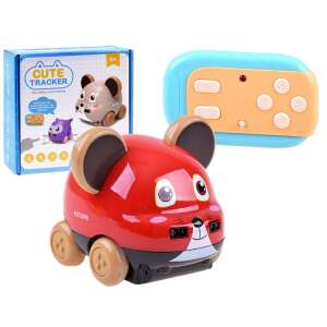 Cute Tracker remote control mouse toy with brown ears, black eyes, and a white smile, red body, and a blue remote control, front view - Nonbrand Interactive Kids' Toy