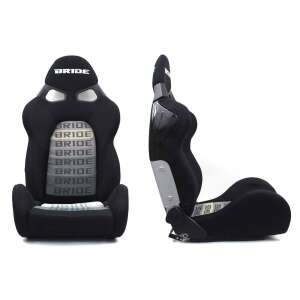 Scaun sport Bride, material textil negru și gri, vedere din față și din lateral - Scaune auto