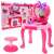 Pink vanity set with heart-shaped mirror, butterfly design, hairdryer, stool, and accessories