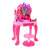 Pink vanity set with heart-shaped mirror, butterfly design, hairdryer, and stool