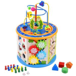 Wooden activity cube with 8 different activities for toddlers, including an abacus, clock, shape sorter, bead maze, and more - Toy