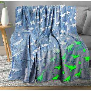 Sötétben világító dínós plüss takaró, szürke, 200x230 cm - Ágytakaró