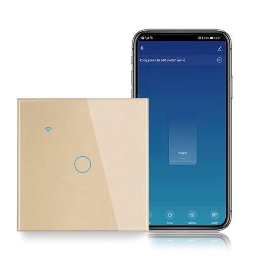 iUni 1F smart light switch, gold, tempered glass, touch control, wifi, app control, compatible with Alexa and Google Assistant