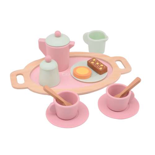 Jouéco® fa teás készlet, rózsaszín és zöld, tartalmaz teáskannát, csészéket, alátéteket, cukortartót, tejtartót, tálcát és kanalak