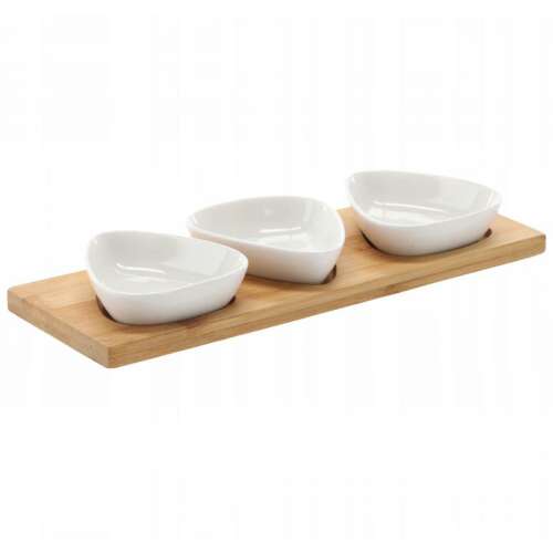 Serving set with 3 ceramic bowls and bamboo tray, perfect for snacks and appetizers