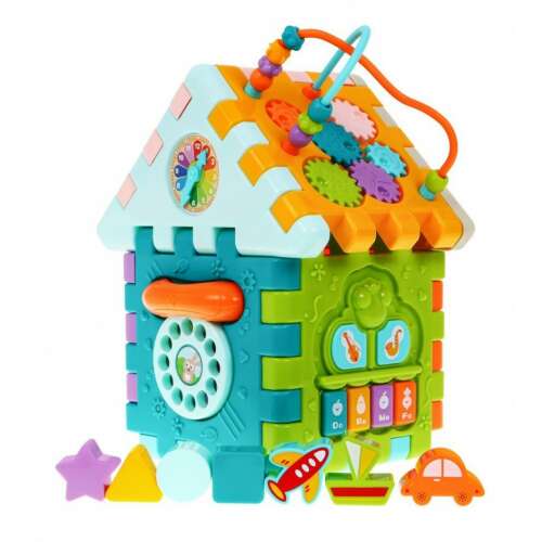 Huanger Activity House, colorful developmental toy for babies with interactive features like a clock, phone, steering wheel, door, beads, and shape sorter