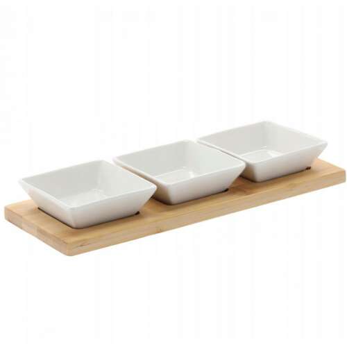 Serving Set 3 Square Ceramic Bowls + Bamboo Tray