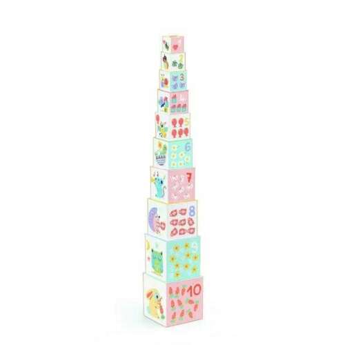 Djeco BabyBloki stacking tower with bunny and animal illustrations, 10 pieces