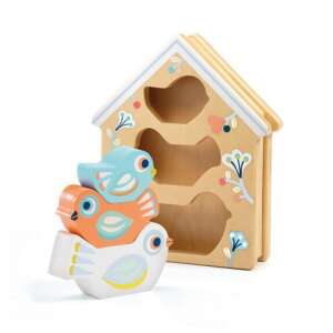 Djeco BabyBirdi wooden toy, a birdhouse with three colorful birds that can be stacked - Baby Walker, Push & Pull Toy and Developmental Toy for Toddler