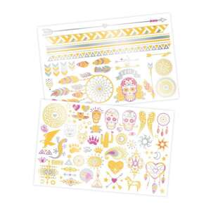 BUKI Be Teens washable metallic tattoos for girls, 75 pieces, featuring various designs including dreamcatchers, feathers, skulls, arrows, and more - Tattoo