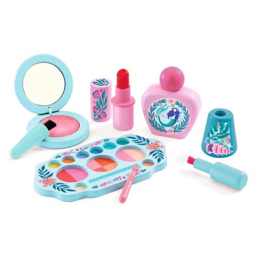 Djeco Marina pretend makeup set for kids, includes compact powder, lipstick, perfume, nail polish, eyeshadow palette, and brushes