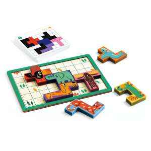 Djeco Pentanimo logic game, a wooden puzzle with animal shapes, on a green board with a grid, and challenge cards - Logic Game