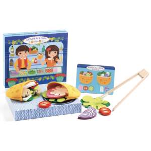 Djeco Cyril & Lena Pita Maker playset, a wooden box with felt pita bread, wooden vegetables and toppings, and a menu card - Play food