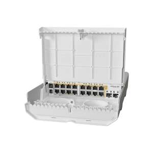 MikroTik netPower 16P 16 port Gigabit Ethernet PoE kapcsoló 2 SFP+ porttal, nyitott fedél nézet - MikroTik