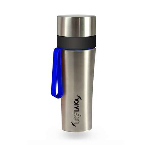 myLAICA stainless steel water filter bottle, 0.55 liter, blue handle