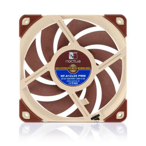 Ventilátor Noctua NF-A12x25 PWM 12cm, hnedá a béžová farba, predný pohľad