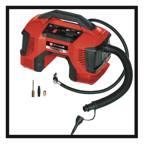 Einhell PRESSITO 18/21 cordless air compressor, red, with hose and nozzle attachments