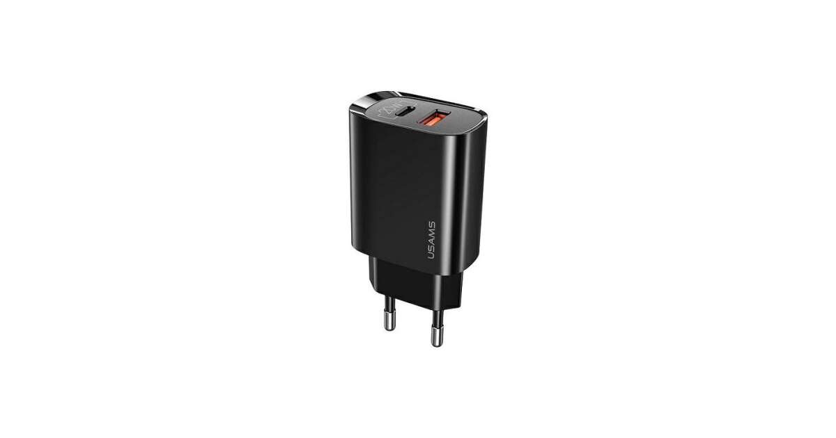 Usams CC121TC02 PD hálózati gyorstöltő adapter Type-C és QC3.0 USB csatlakozóval 20W fekete (1380749) 82213540