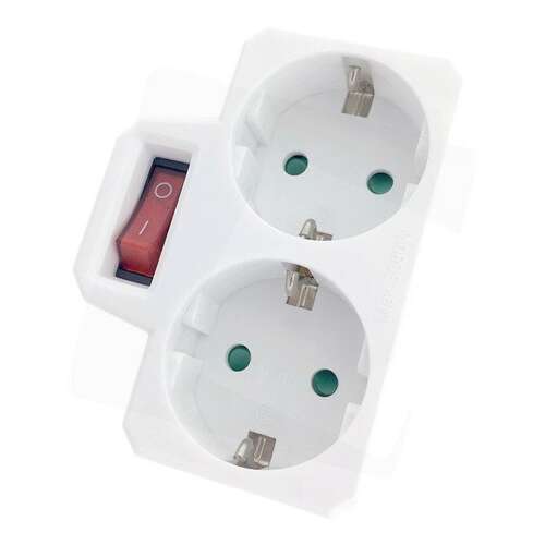 Entac EPAG-2EE-SW 2-socket power adapter with switch, white, angled view