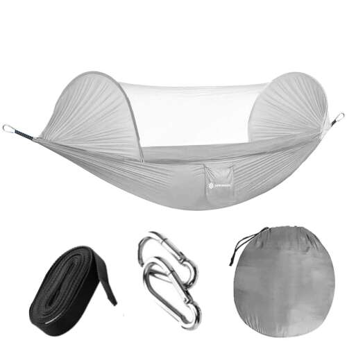 Springos camping hammock with mosquito net, grey, 260x140 cm, with carrying bag, straps and carabiners